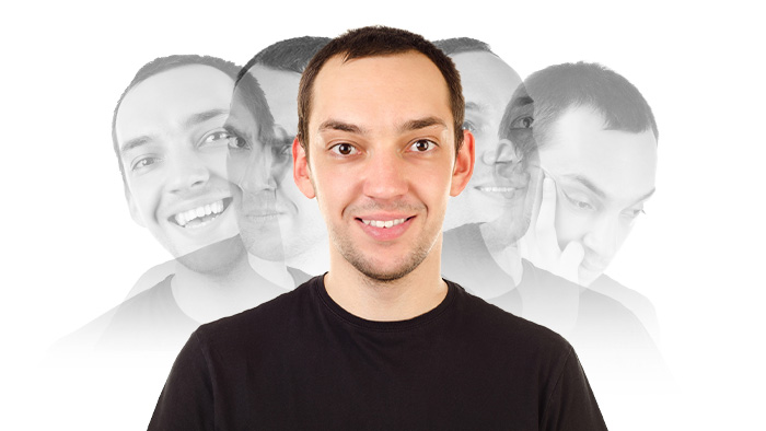 Multiple Personality Man image with multiple exposures, expressions